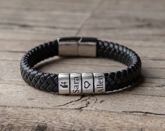 Personalized Black Leather Bracelet – Sterling Silver Name Beads, Gift for Him