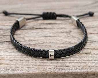 Personalizable Cross Bracelet:Engraved Silver Beads, Adjustable Leather Jewelry, Custom Christian Charm