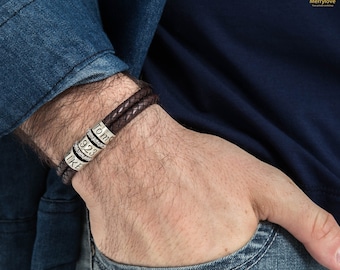 Bracciale In Pelle Da Uomo Personalizzato, Perline In Argento Sterling Con Nome Personalizzato, Fatto A Mano - Italia - Foto 10