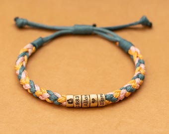 Personalized Braided Leather Bracelet, Custom Name Beads, Adjustable Size