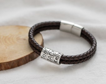 Personalisierte Herren Lederarmband, Gravierte Sterling Silber Perlen