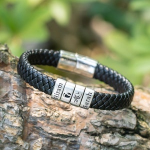 Personalized Leather Mens Bracelet: Custom Name Sterling Silver Beads