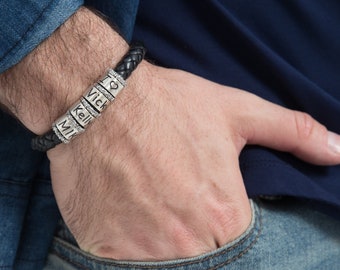 Personalized Men's Leather Bracelet • Sterling Silver Custom Name Beads