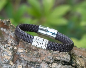 Personalized Leather Mens Bracelet: Engraved Sterling Silver Beads