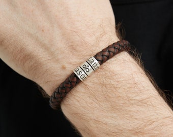 Personalized Leather Men's Bracelet, Sterling Silver Name Beads