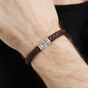 Gepersonaliseerde leren armband voor mannen met kindernaam, aangepaste kralenarmband voor jongens, cadeau voor vader, Valentijnsdagcadeau, cadeau voor opa vader