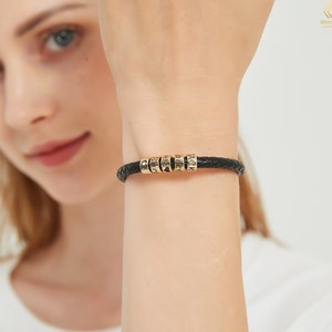 Personalized women and men Bracelet with name Silver Beads, Adjustable Leather Dad Bracelet, Christmas Fathers Day Gifts for Mom girl friend