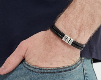 Zysta Bracciale Uomo In Pelle Con Anelli Di Nome Personalizzate, Braccialetto Rigido A Corda Multistrato Personalizzato Incisione Iniziali, ID Bracciale Identificativo Cuoio Inciso (2 Beads Argento - Foto 11