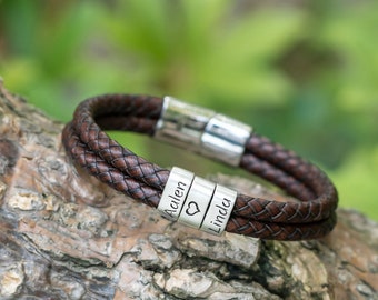 Personalisiertes Dad Lederarmband: Sterling Silber Perlen mit Gravur