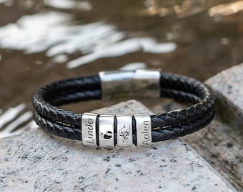 Personalized men's leather bracelet, custom name silver bead bracelet, handmade jewelry for dad husband