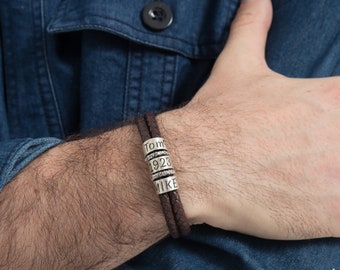 Personalisiertes Dad Lederarmband: Sterling Silber Perlen, Personalisierter Namensschmuck