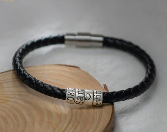 Custom Men's Braided Leather Bracelet with Sterling Silver Beads