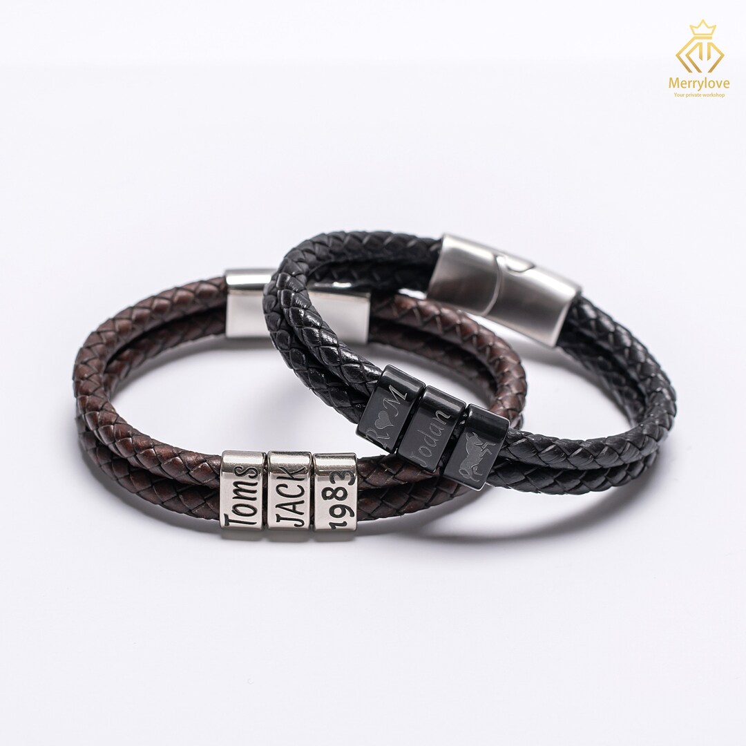 Personalized Leather Bracelet for Men With Kids Name, Custom Beads Mens