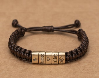 Personalized Leather Bracelet for Men: Sterling Silver Name Beads, Adjustable