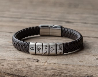 Pulsera de cuero personalizada para hombre tamaño personalizado, pulsera de cuentas de plata con nombre grabado, joyería de hombre hecha a mano, regalo del día del padre para papá, esposo