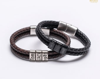 Bracelet en cuir personnalisé pour homme avec nom d'enfant, bracelet pour homme en perles personnalisées, cadeau pour mari, cadeau de Noël pour petit ami papa grand-père