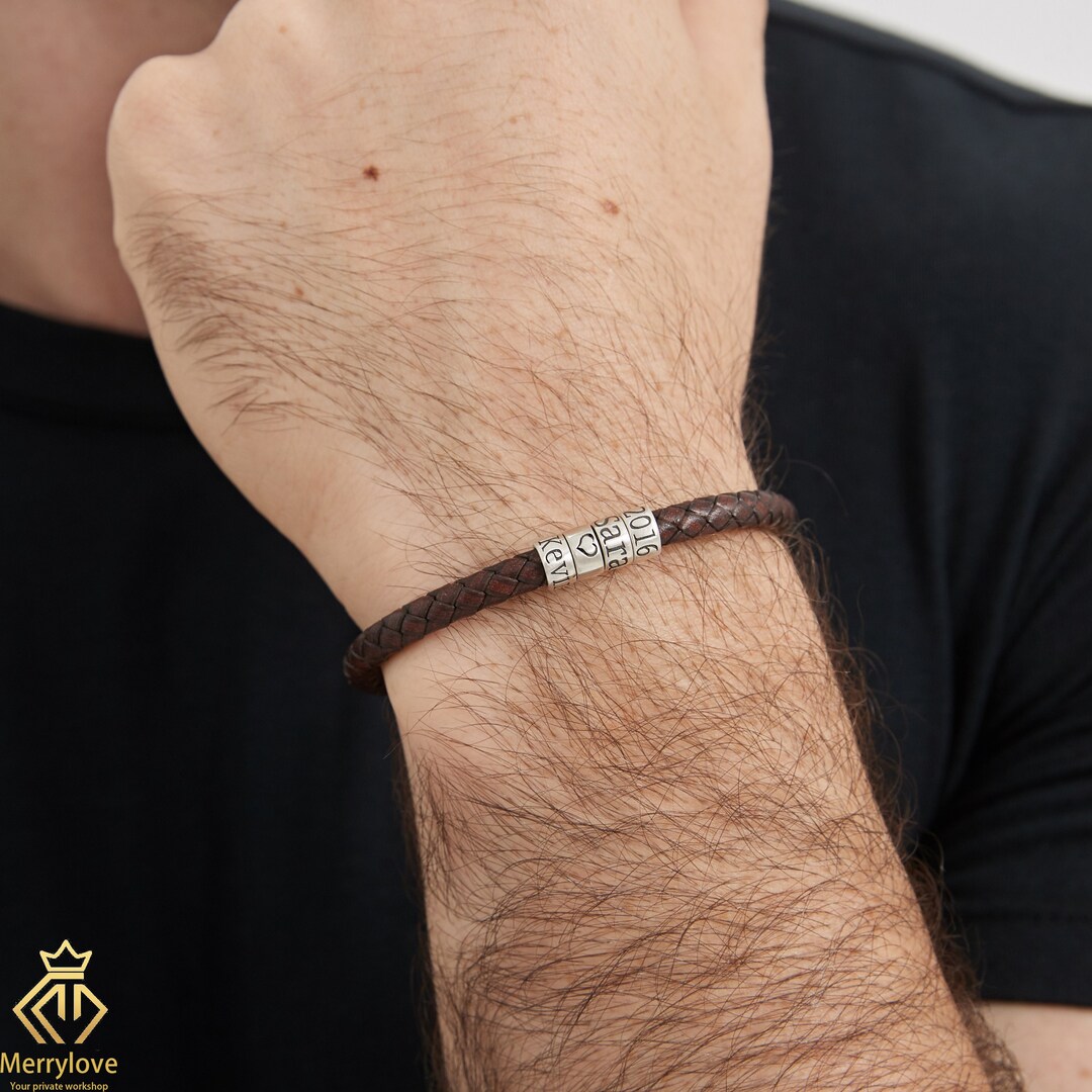 Personalized Leather Bracelet for Father With Kids Name, Custom Beads