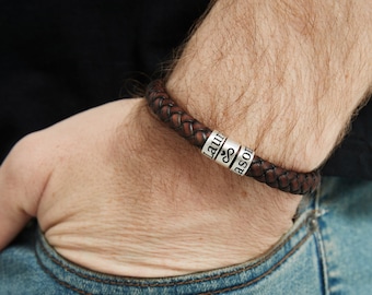 Personalized Leather Mens Bracelet, Sterling Silver Name Beads