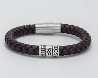 Bracciale In Pelle Da Uomo Personalizzato, Perline In Argento Sterling Con Nome Personalizzato, Fatto A Mano - Italia - Foto 11