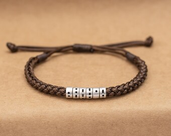 Custom Morse Code Leather Bracelet, Sterling Silver Beads, Adjustable Men's Wristband