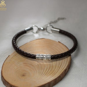 Personalized Mens Bracelet, Handmade Leather Bracelet Name with Silver Beads, Adjustable Mom Bracelet Custom Gifts For Him Kid Dad Boyfriend image 6
