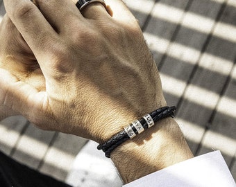 Personalized Men's Leather Bracelet with Sterling Silver Beads