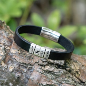 Personalized Mens Leather Bracelet, Custom Kids Name Bead Bracelet, Father&#39;s Day Gift for Dad, Handmade Bracelet Gifts for Husband Boyfriend
