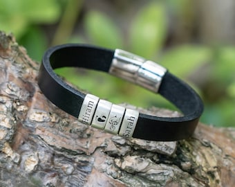 Personalized Leather Men's Bracelet, Sterling Silver Name Beads