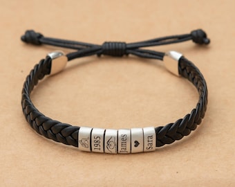 Bracelet en cuir personnalisé, perles personnalisées en argent sterling pour le nom, réglable