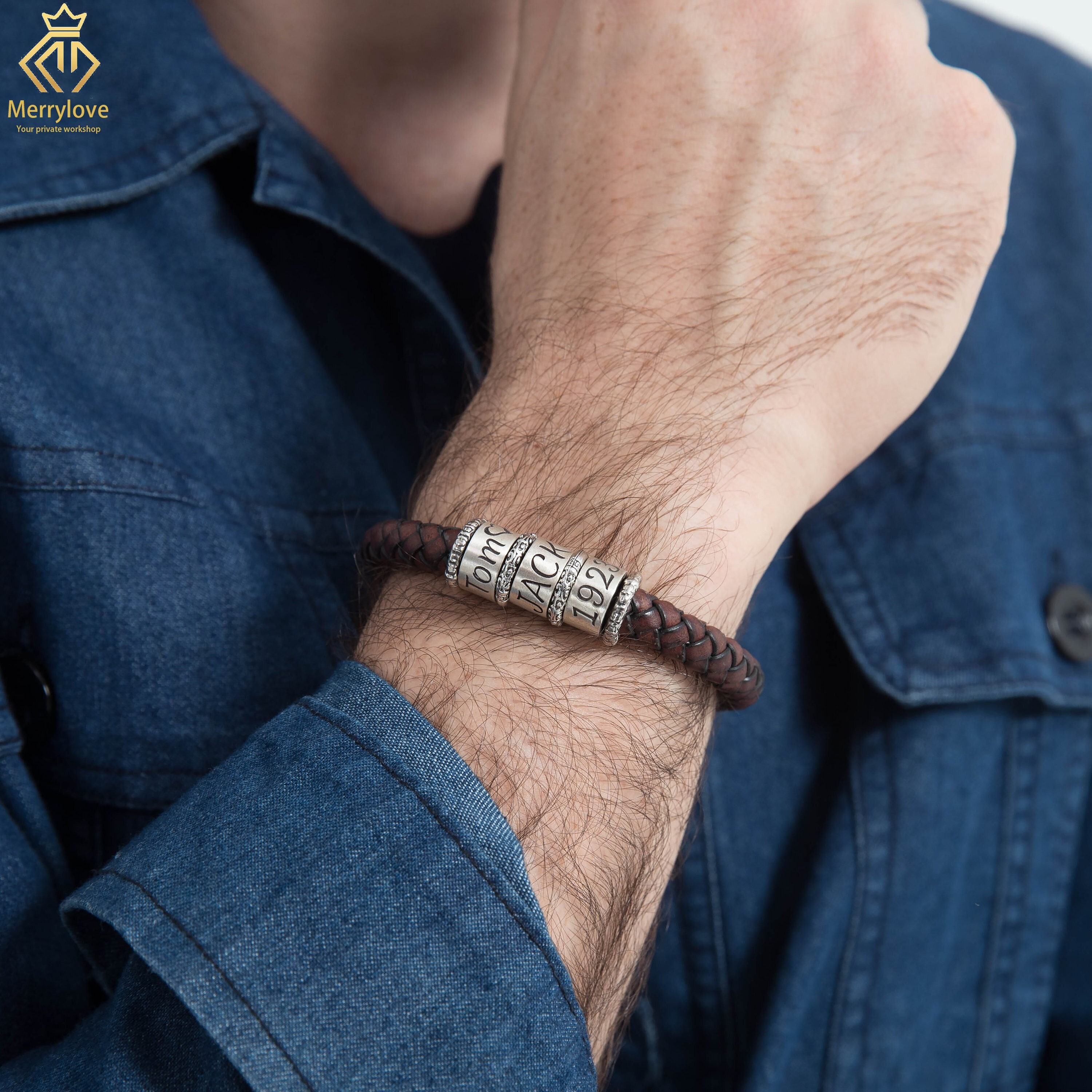 TOLOWOBK Mens Leather Initial Bracelet Gifts For Him Dad Husband