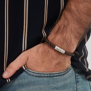 Personalized Leather Cord Bracelet: Custom Name Sterling Silver Beads