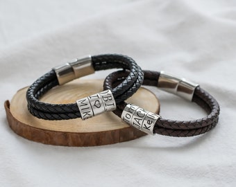 Personalized Leather Bracelet: Engraved Sterling Silver Beads, Custom Size