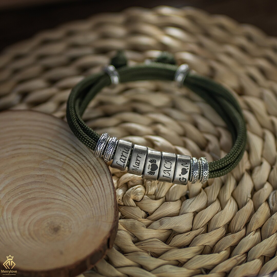 Personalized Men's Bracelet Adjustable, Custom Engraved Name Beads