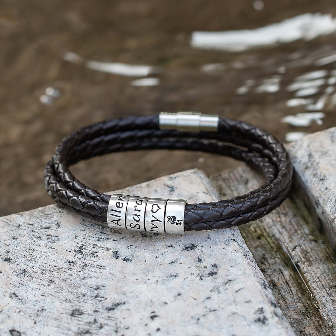 VNOX Personalized Name Bracelet For Men - Personalized Mens Women Black Braid Leather Bracelets With 2-8 Names Engraved In Custom Beads