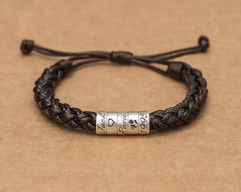 Personalized Leather Braided Bracelet, Custom Name Beads, Adjustable (18K Gold-Plated)