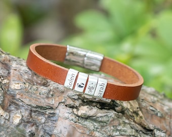 Personalized Leather Men's Bracelet: Custom Name Sterling Silver Beads