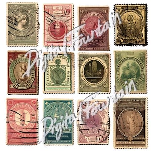 Imágenes prediseñadas de sellos postales vintage - Imprimibles de collage para diarios basura y álbumes de recortes - Descarga digital