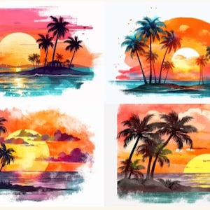 Watercolor Beach Sunsets Waves Digital Paper for Commercial Use, Beach and Waves Jpeg Instant Download, Tropical Sunset, Palm Tree Beach
