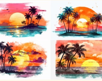 Aquarel strand zonsondergang digitaal papier, tropische palmboom kunst (Jpeg Instant Download)