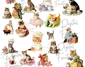 Cute Cats Clipart, Kitten Illustrations, Vintage PNG Graphics (Digital Download)