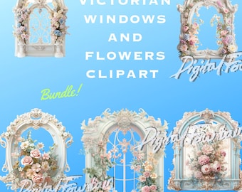 Victorian Window & Flower Clipart – Rococo Designs (PNG, JPG, Digital Download)