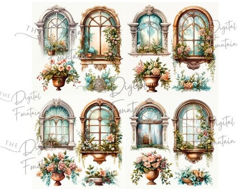 Victorian Windows and Flowers Clipart – Floral Window PNG (Digital Download)
