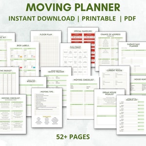 Planejador de mudança para impressão, lista de verificação de mudança, lista de mudança, lista de verificação de mudança para impressão, planejador de organização, PDF para impressão, venda de garagem, carta, A4