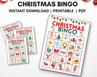 May include: Printable Christmas Bingo game with 25 game boards and calling cards. The game board features a variety of Christmas-themed images, including a gingerbread man, a Christmas tree, a snowman, presents, a wreath, a gingerbread house, lights, a reindeer, a Santa Claus, a stocking, a snow globe, and an elf.