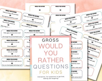 May include: A pink and white card with the text "Gross Would You Rather Questions for Kids" in a black and white font. The card is surrounded by smaller cards with various "Would You Rather" questions printed on them.