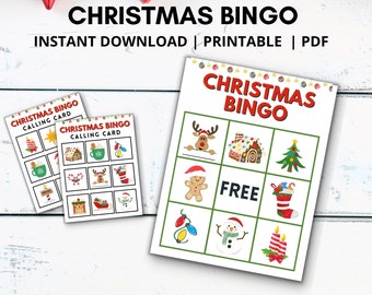 May include: A printable Christmas Bingo game with 20 game boards and calling cards. The game board features a green grid with Christmas-themed images, including a gingerbread house, a snowman, and a stocking. The calling cards are printed on white paper with a red and white Christmas theme.