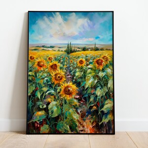 Wildflower Field Landscape Oil Painting | &quot;Sunflower Skies&quot; Vintage Landscape Art Print | Country Field Wall Art | Digital Download