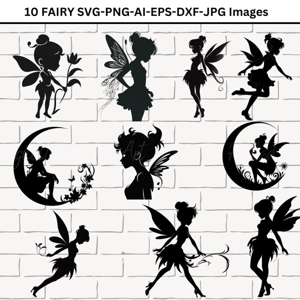 Fairy Silhouette SVG, Tinkerbell Silhouette, Cute fairy vector images and clipart in svg, png, dxf, eps, jpg, ai