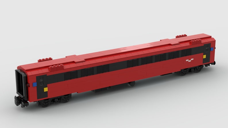 May include: A red LEGO train car with black windows and a white and red logo on the side.
