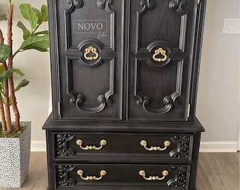 AVAILABLE! Armoire | Tall Dresser | Wardrobe Closet | Vintage | Black Dresser | Wood Chest | Bedroom Furniture | Refurbished | Gothic Decor